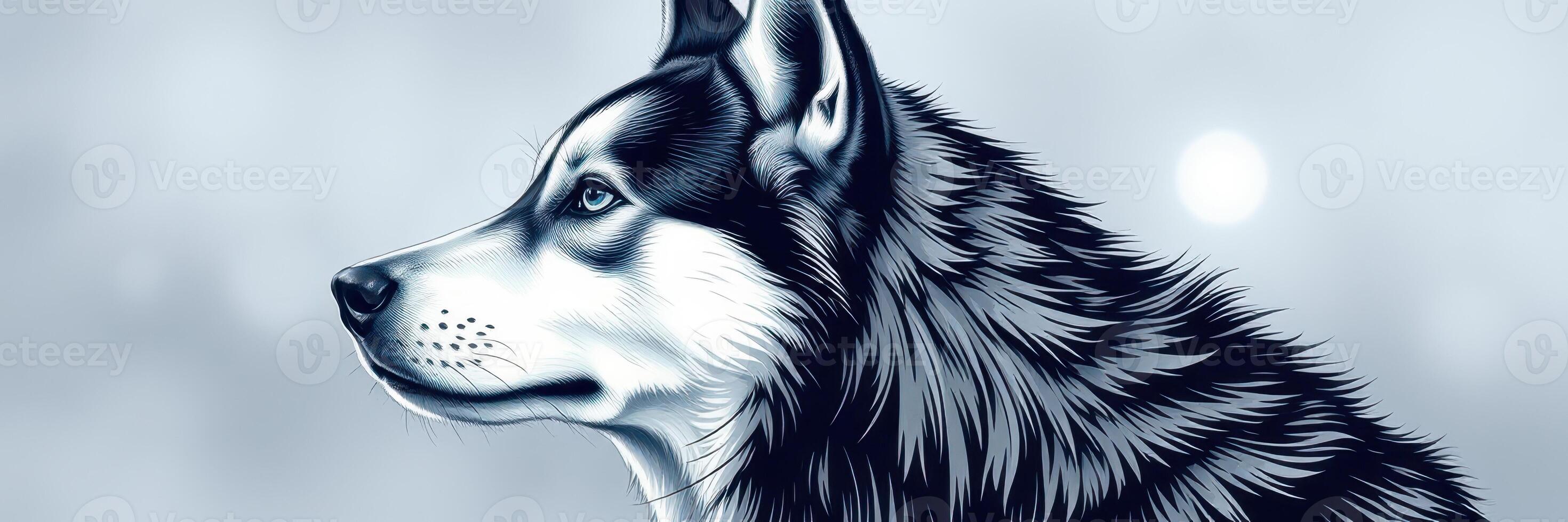 Elegant husky dog portrait against a misty background showcasing serene expression and detailed fur texture photo
