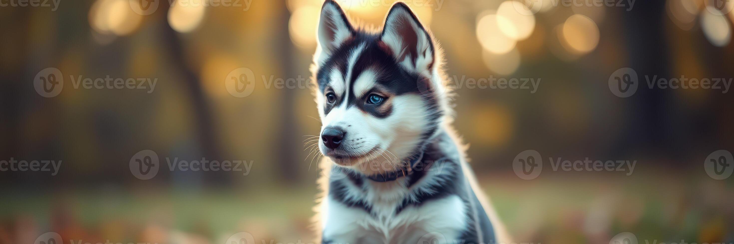 Cute husky puppy sitting outdoors in autumn with soft sunlight filtering through the trees photo