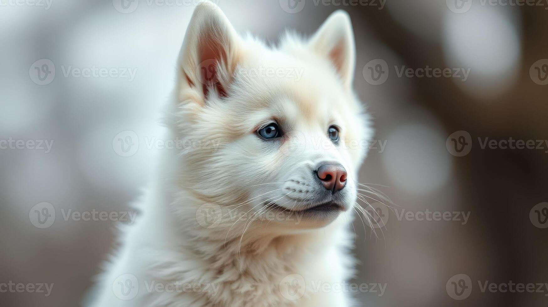 White fluffy dog stands calmly outdoors, showcasing its curious expression in a serene natural setting photo
