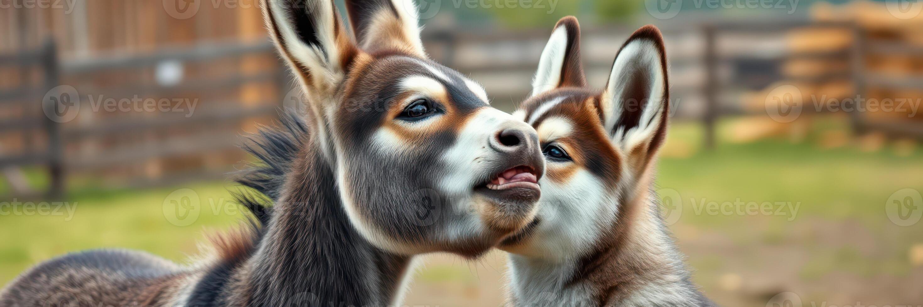 Donkeys interacting playfully in a sunny farmyard during a warm afternoon photo