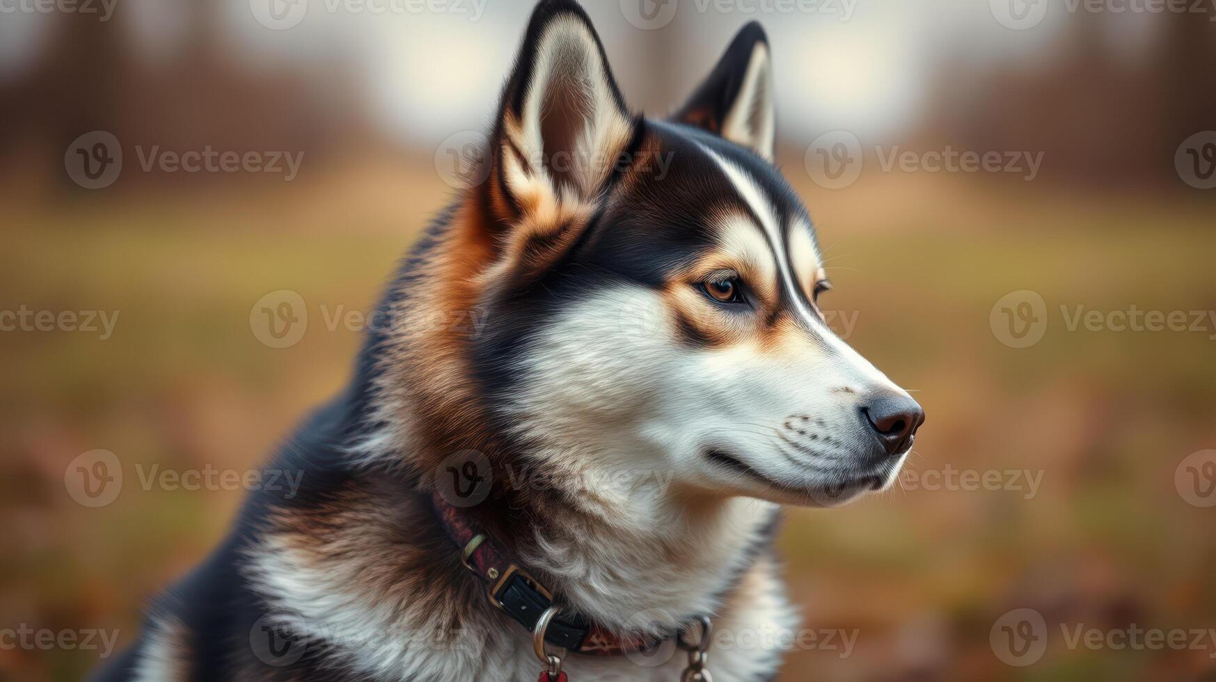 Beautiful husky sitting quietly in a natural setting during a cool day with soft lighting photo