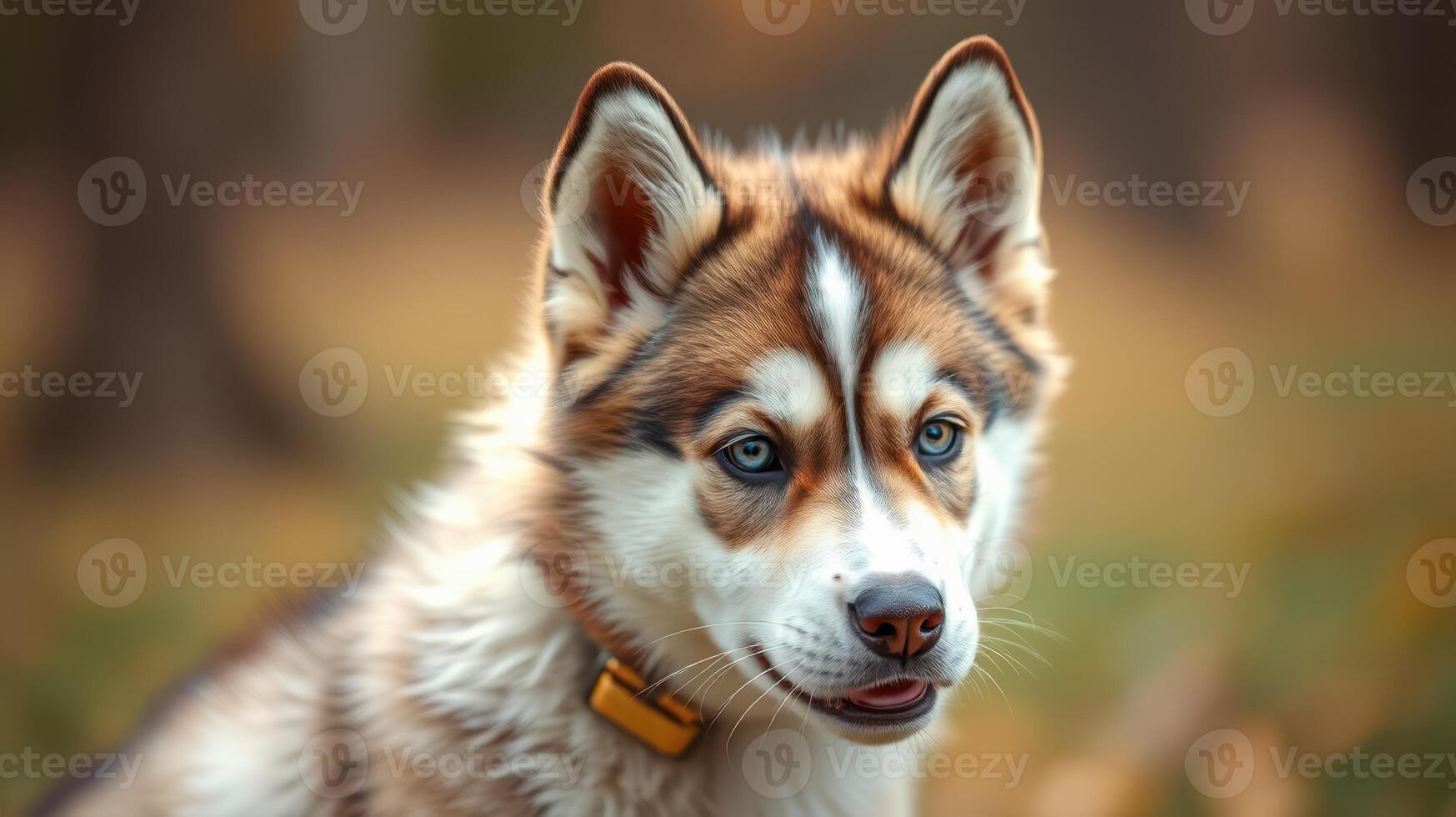 Cute puppy stands in a park surrounded by autumn leaves enjoying a sunny day outdoors photo