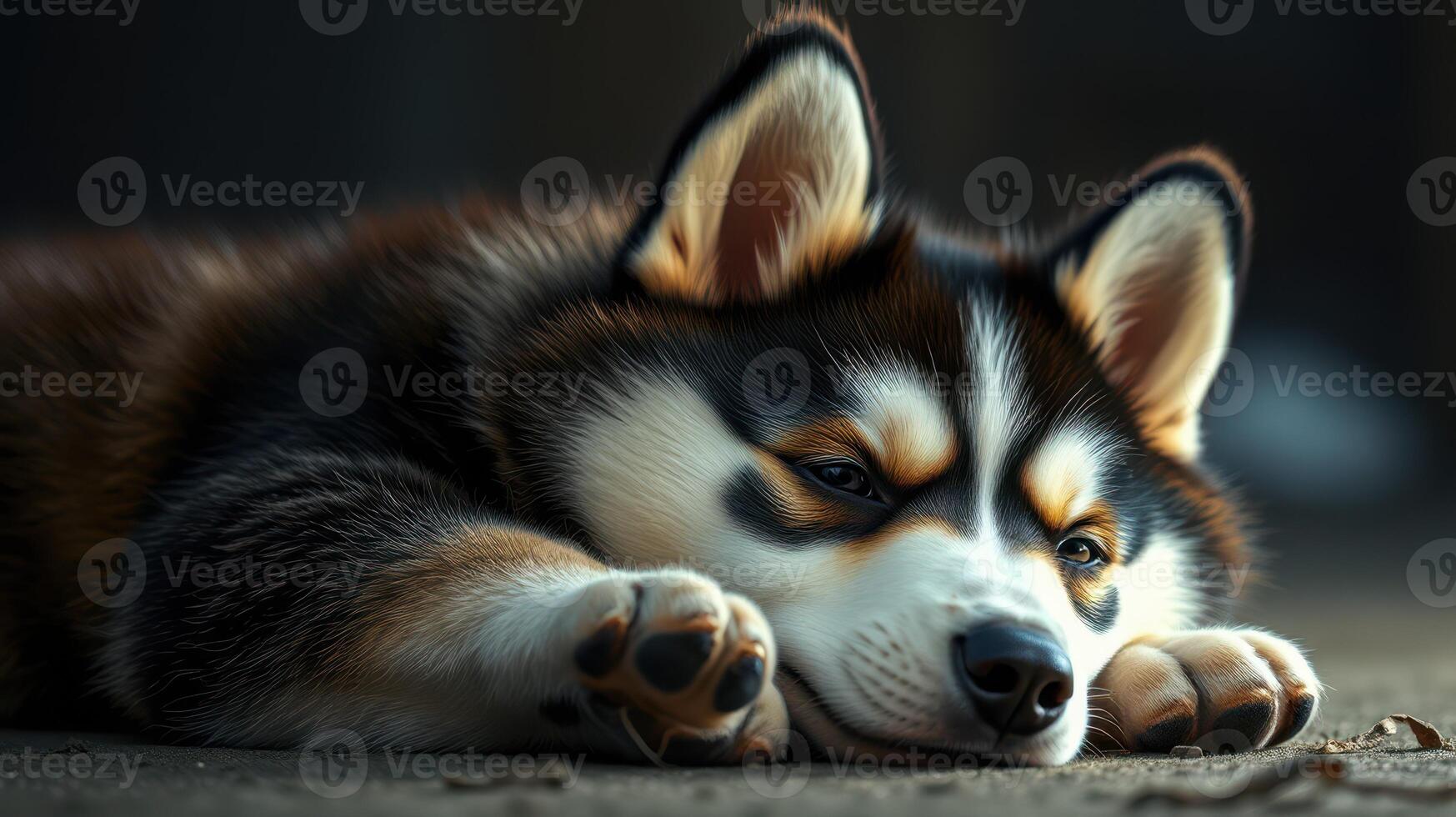 Calm husky puppy resting on a surface in cozy indoor environment during late afternoon light photo