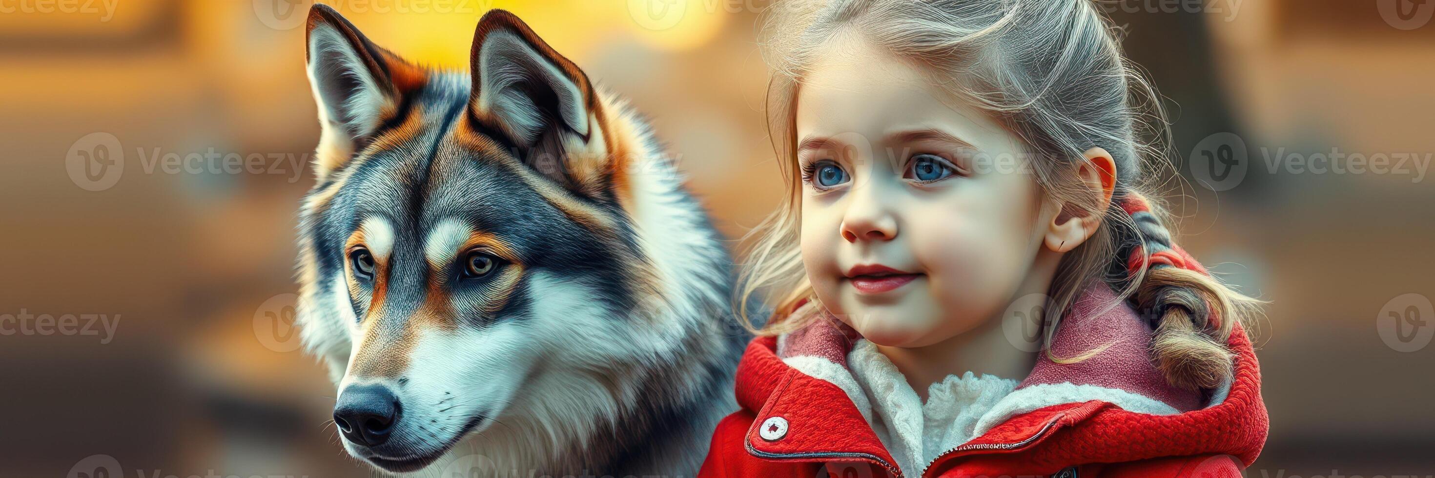 Young girl in a red coat stands next to a large wolf in a natural setting during twilight hours photo