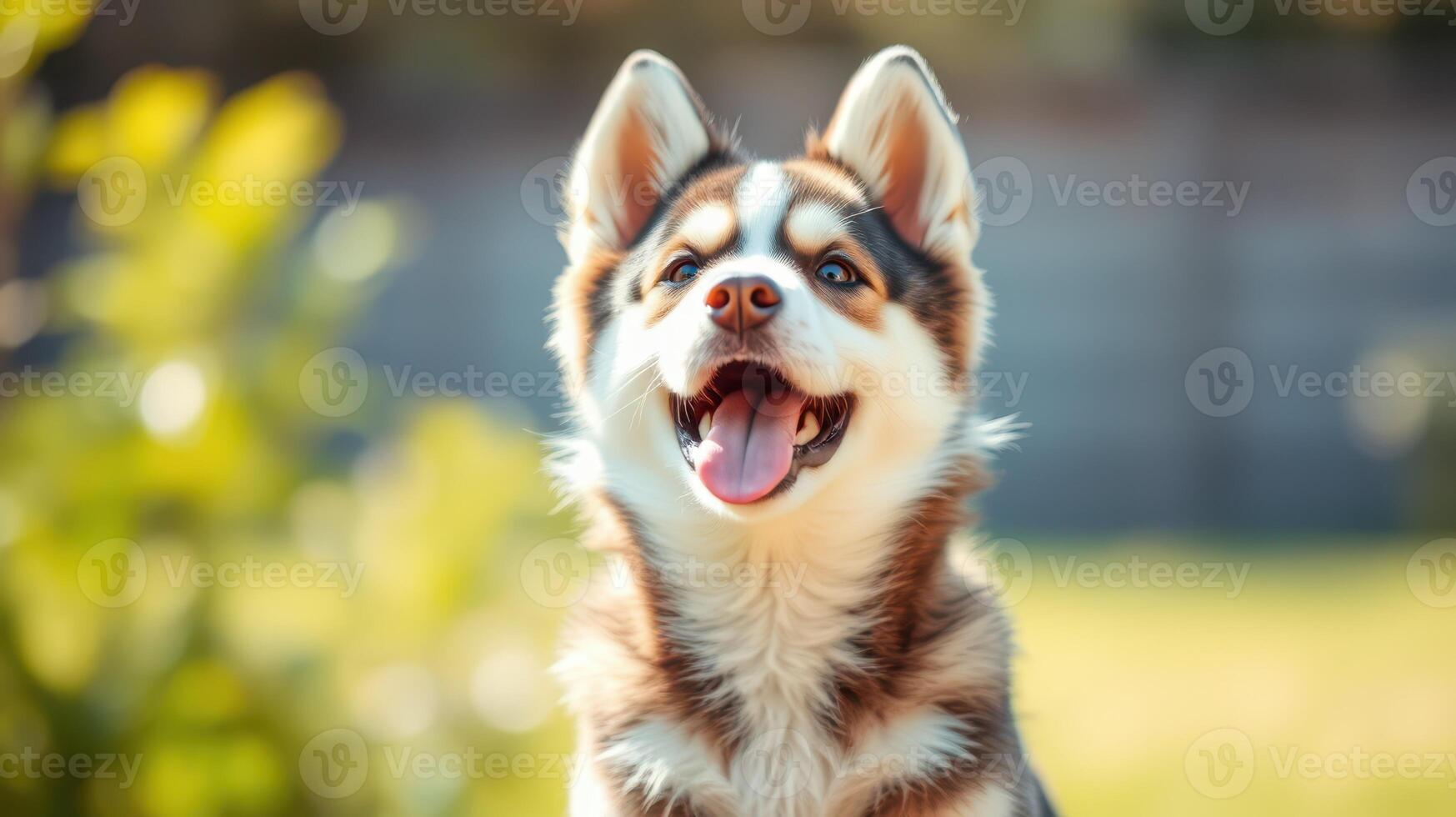 Happy puppy enjoying a sunny day in a green park with a playful expression and a wagging tongue photo