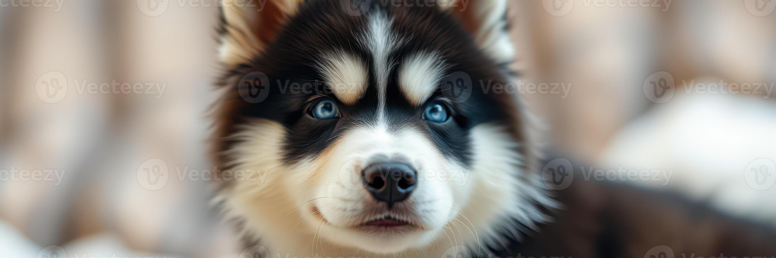 Cute husky puppy with striking blue eyes exploring a cozy indoor space on a sunny day photo