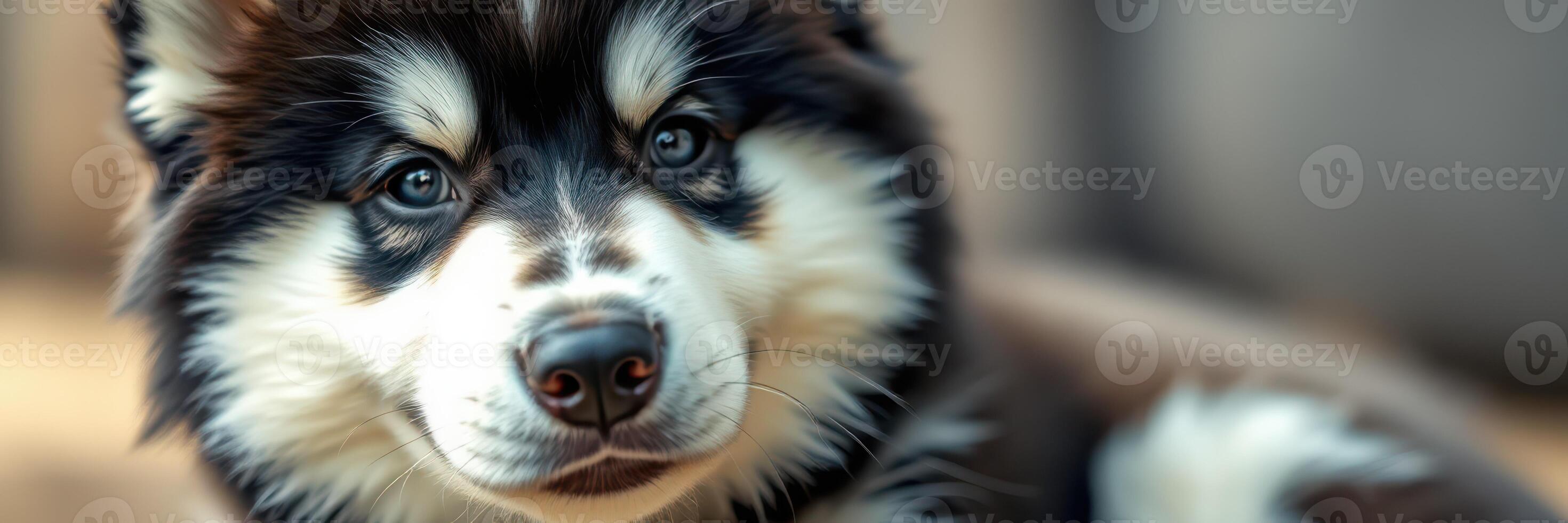 Cute fluffy black and white puppy resting indoors on a soft surface looking curiously at the camera photo