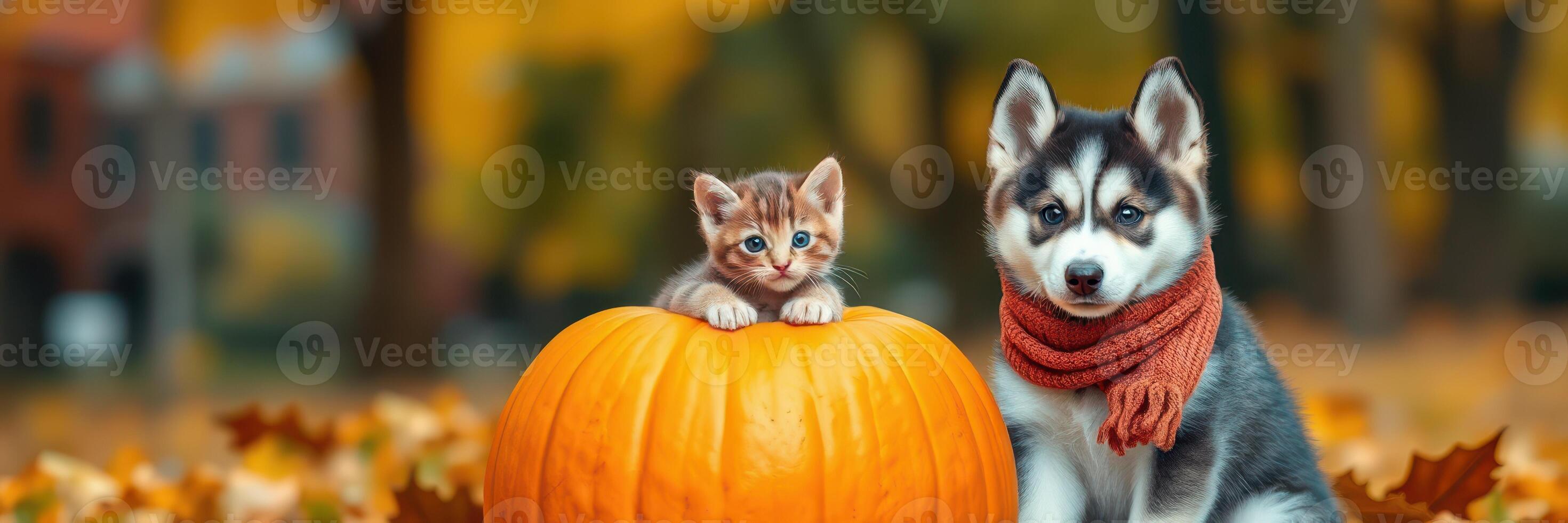 Cute kitten and puppy posing together with a pumpkin in a vibrant autumn park setting in the afternoon sunlight photo