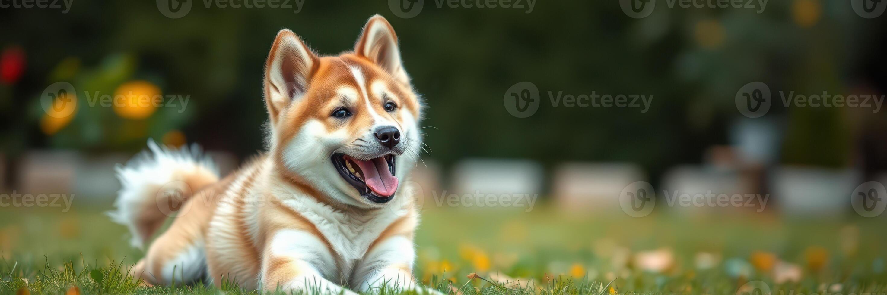 Playful dog enjoys a sunny day in the garden, surrounded by flowers and greenery photo