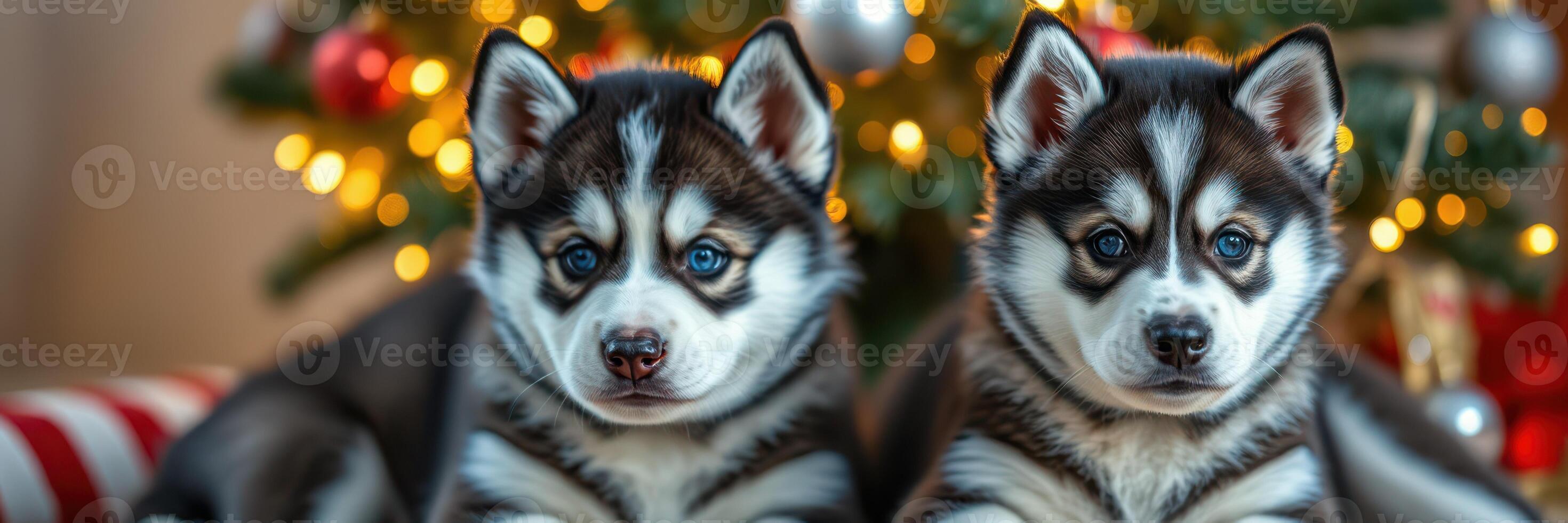 Twin husky puppies sitting in front of a decorated Christmas tree with sparkling lights photo