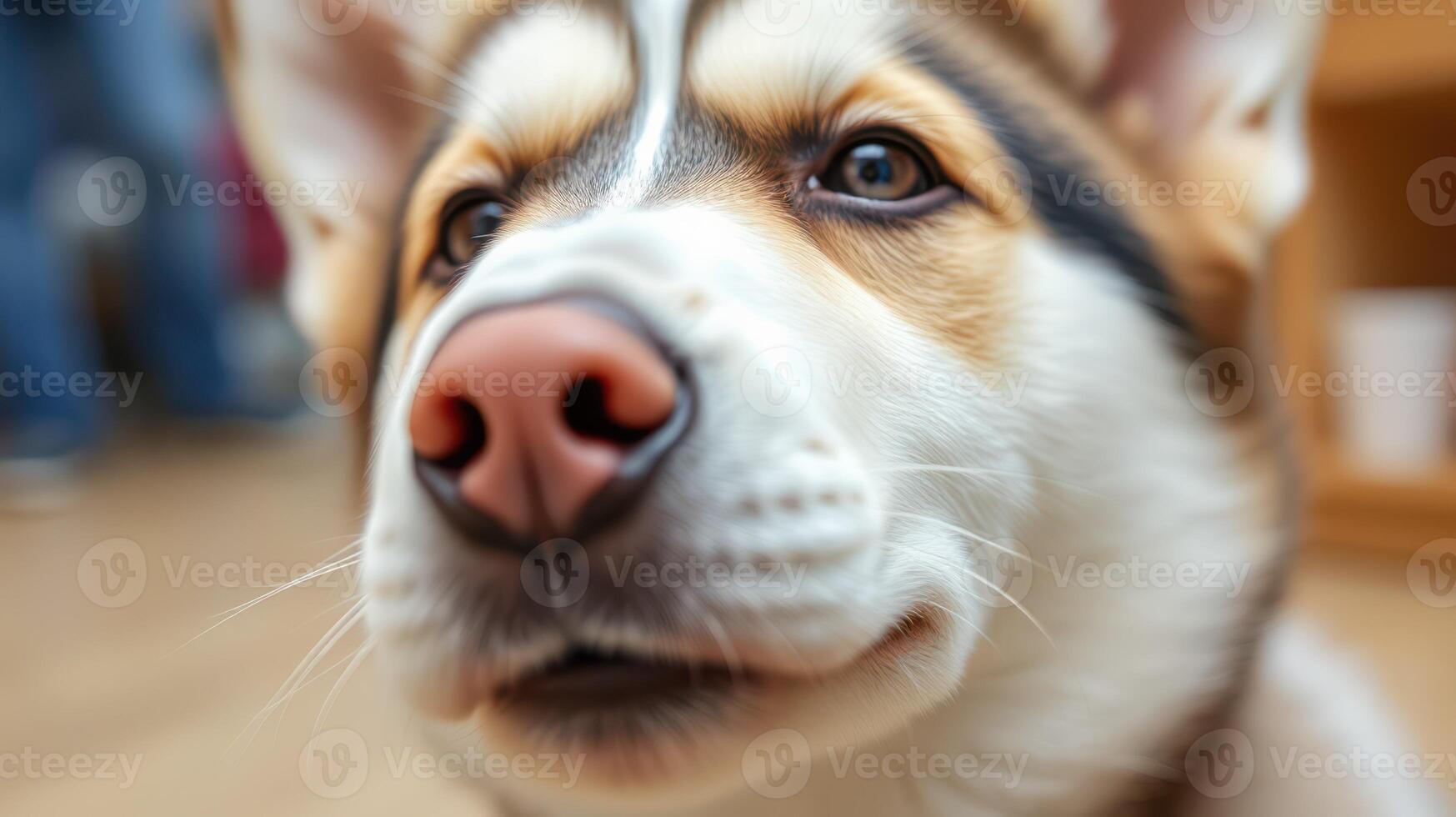 Close-up of a curious husky dog with striking features in a cozy indoor setting photo