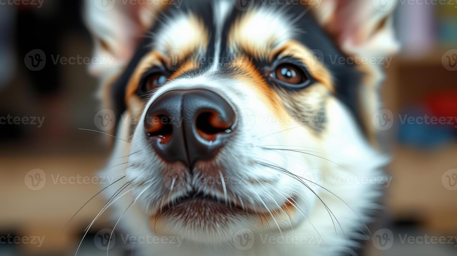 Close-up view of a playful dog showcasing its curious expression and vibrant fur details in an indoor setting photo