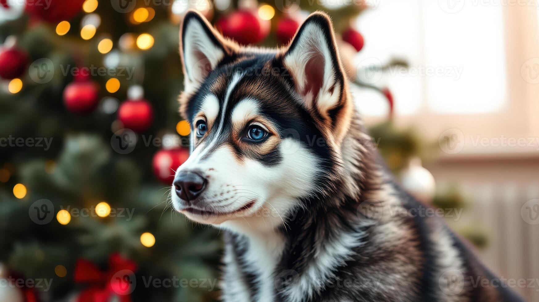 Cute husky dog sitting next to a beautifully decorated Christmas tree with red ornaments and twinkling lights photo