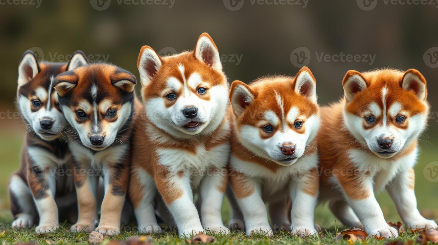 Five playful puppies exploring a grassy field in the early afternoon light with vibrant fur patterns and curious expressions photo