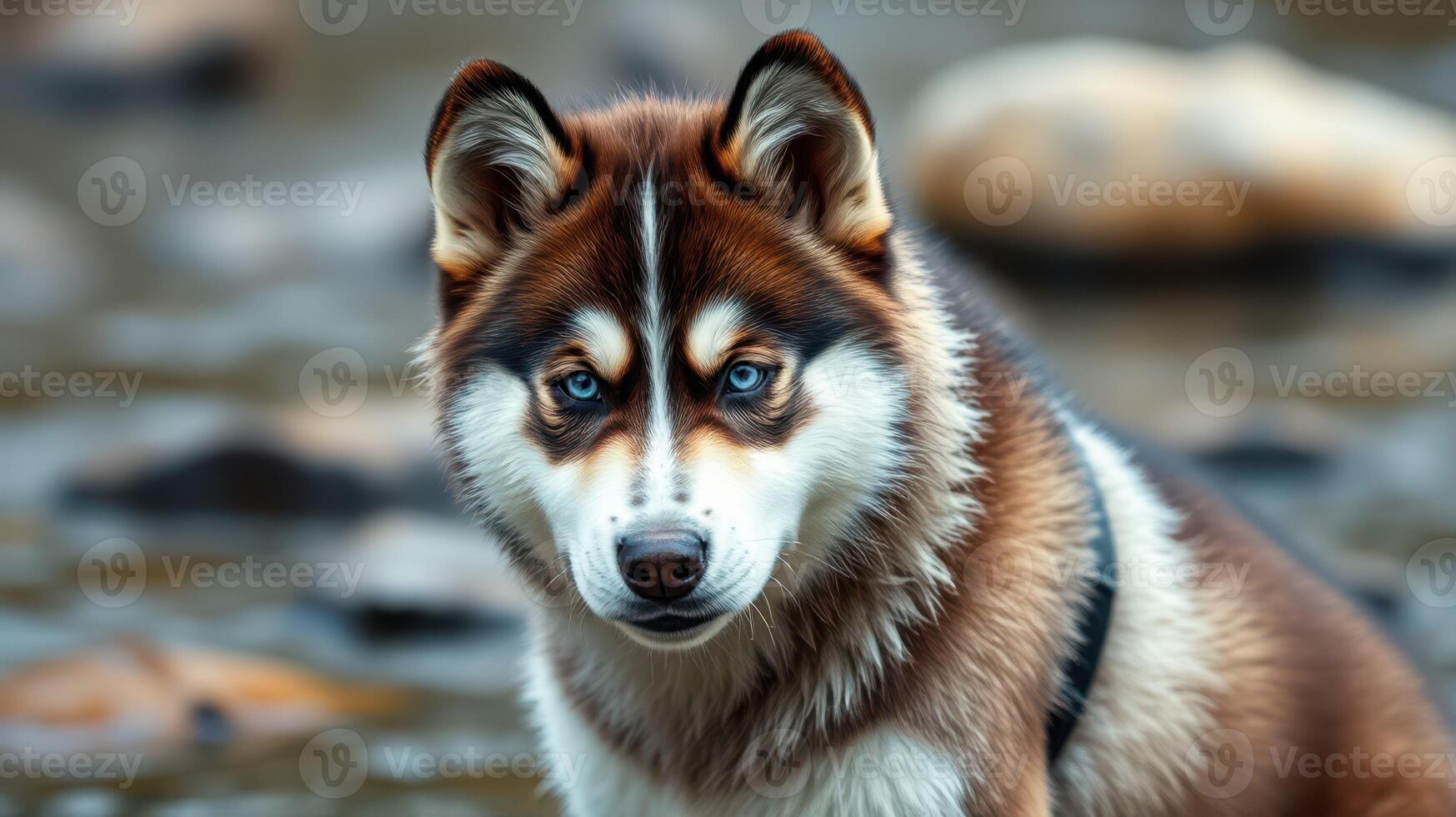 Dog with striking blue eyes poses beside a serene stream in a tranquil forest setting during the late afternoon hours photo