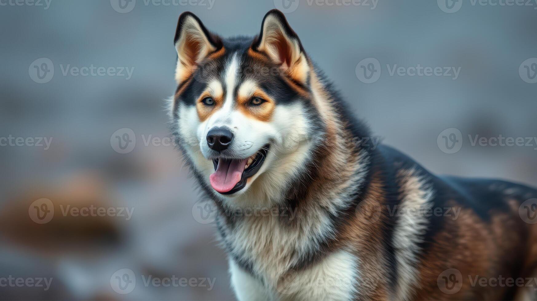 Beautiful husky dog standing proudly on rocky terrain with a friendly expression photo