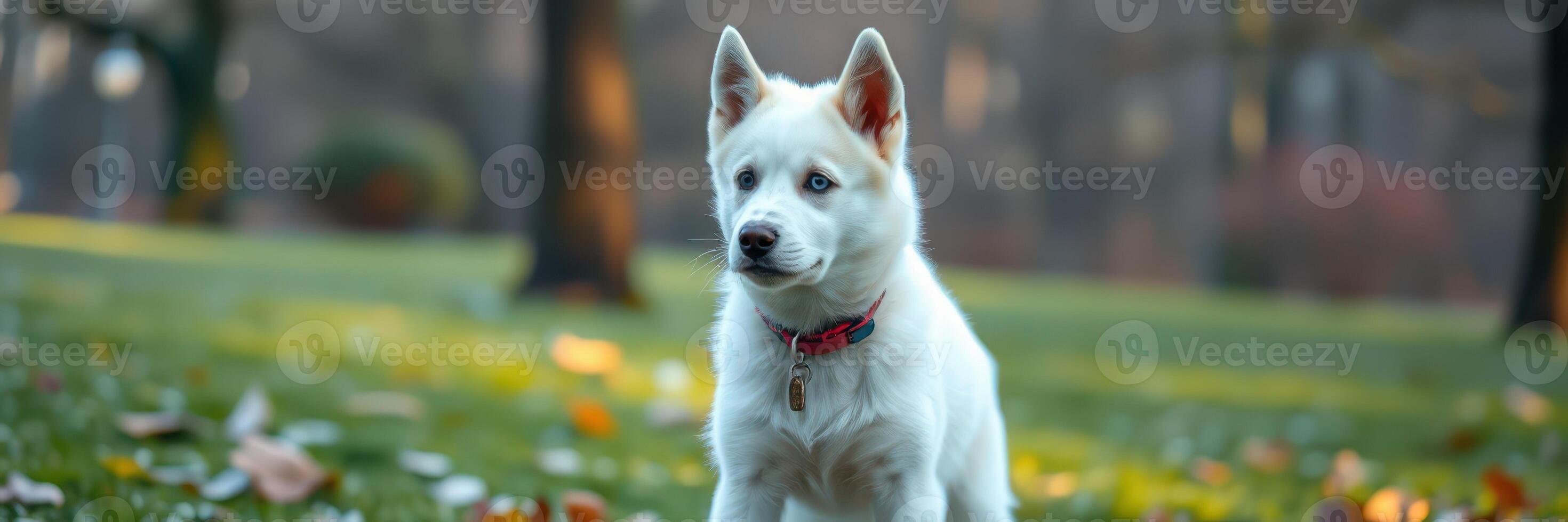 White puppy explores a park in the afternoon sunlight surrounded by fallen leaves photo