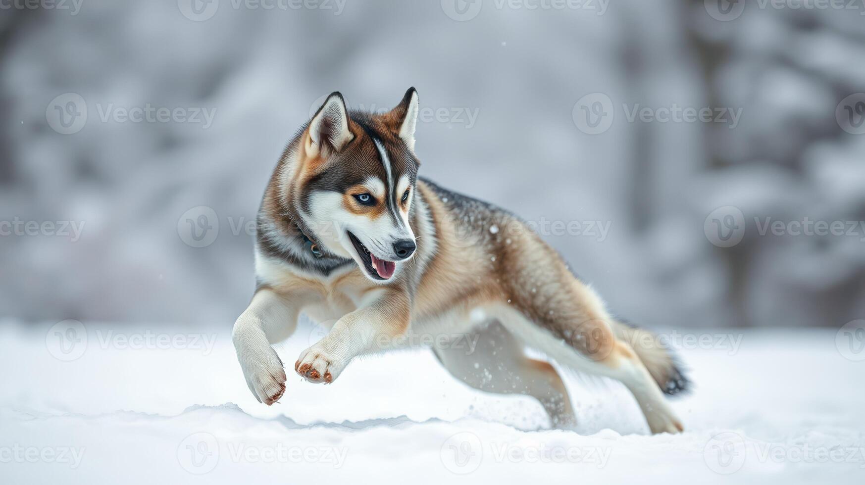 Energetic husky enjoying a playful run through fresh snow in a winter wonderland photo
