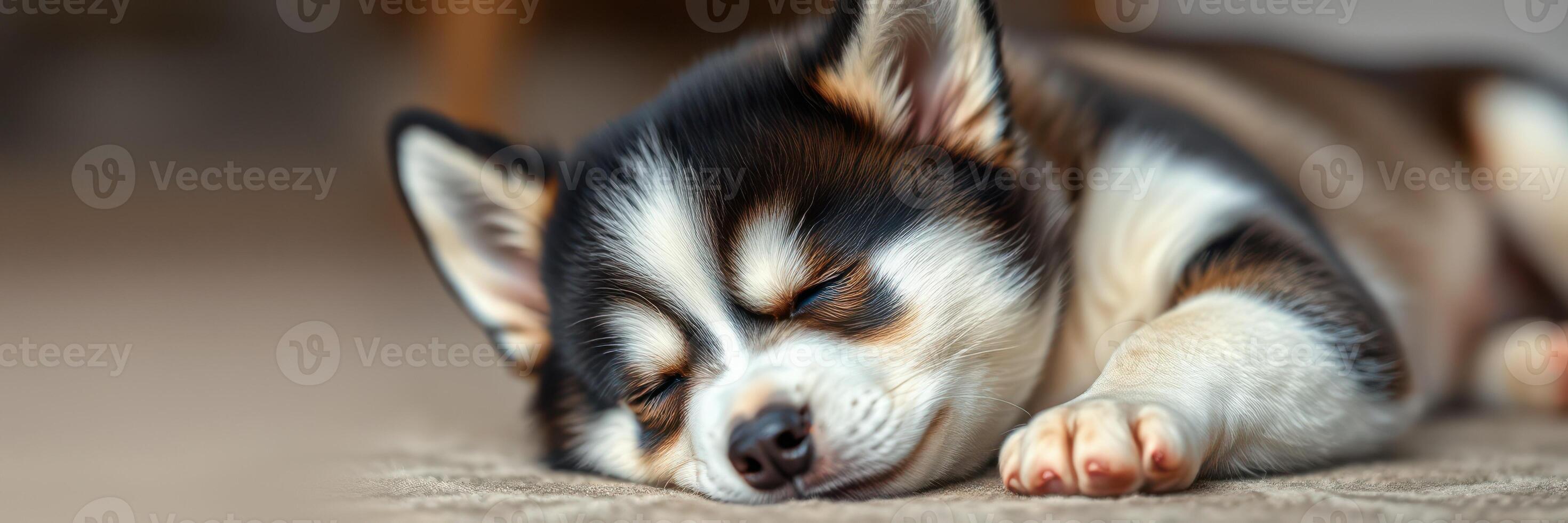 Small sleeping dog rests peacefully on the floor in a cozy indoor setting during the afternoon photo