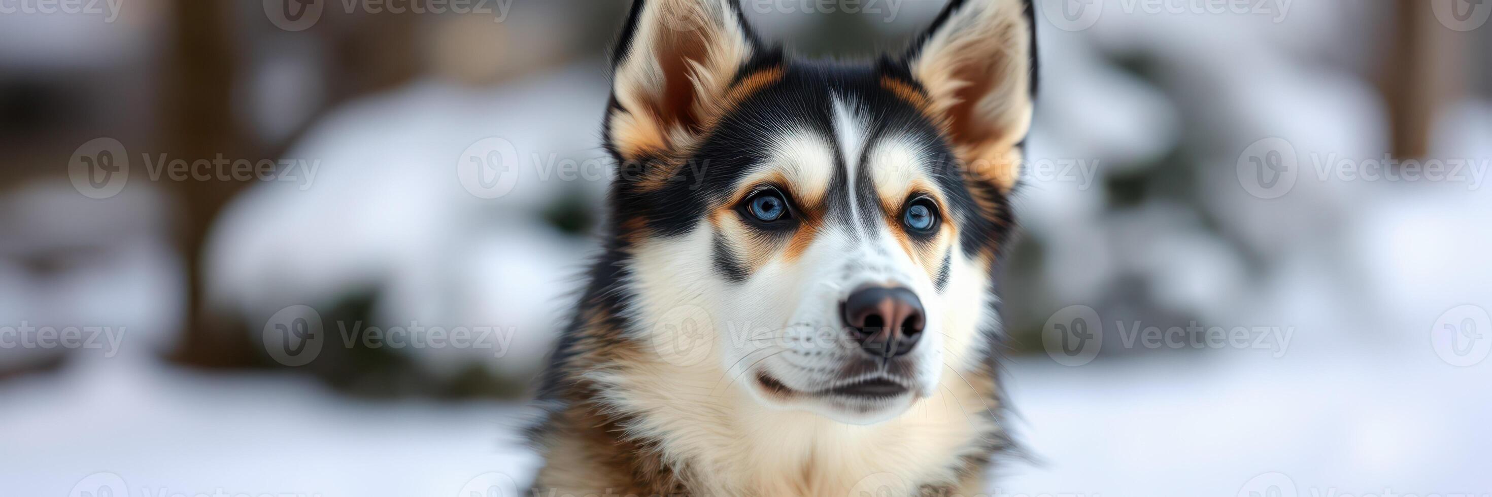 Beautiful dog in the snow enjoying the winter landscape in a serene outdoor setting surrounded by nature photo
