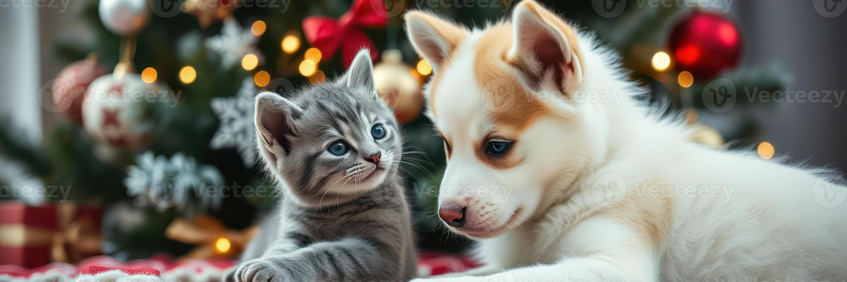 Cute puppy and kitten playing together in front of a decorated Christmas tree during the holiday season photo