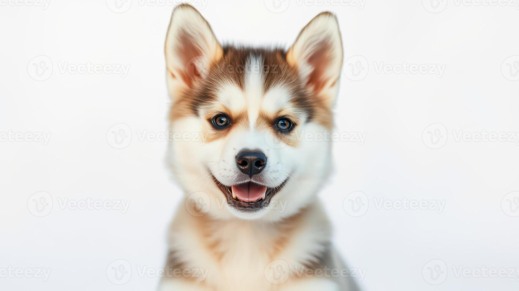 Happy puppy with fluffy fur sits against a light background enjoying playful moments photo