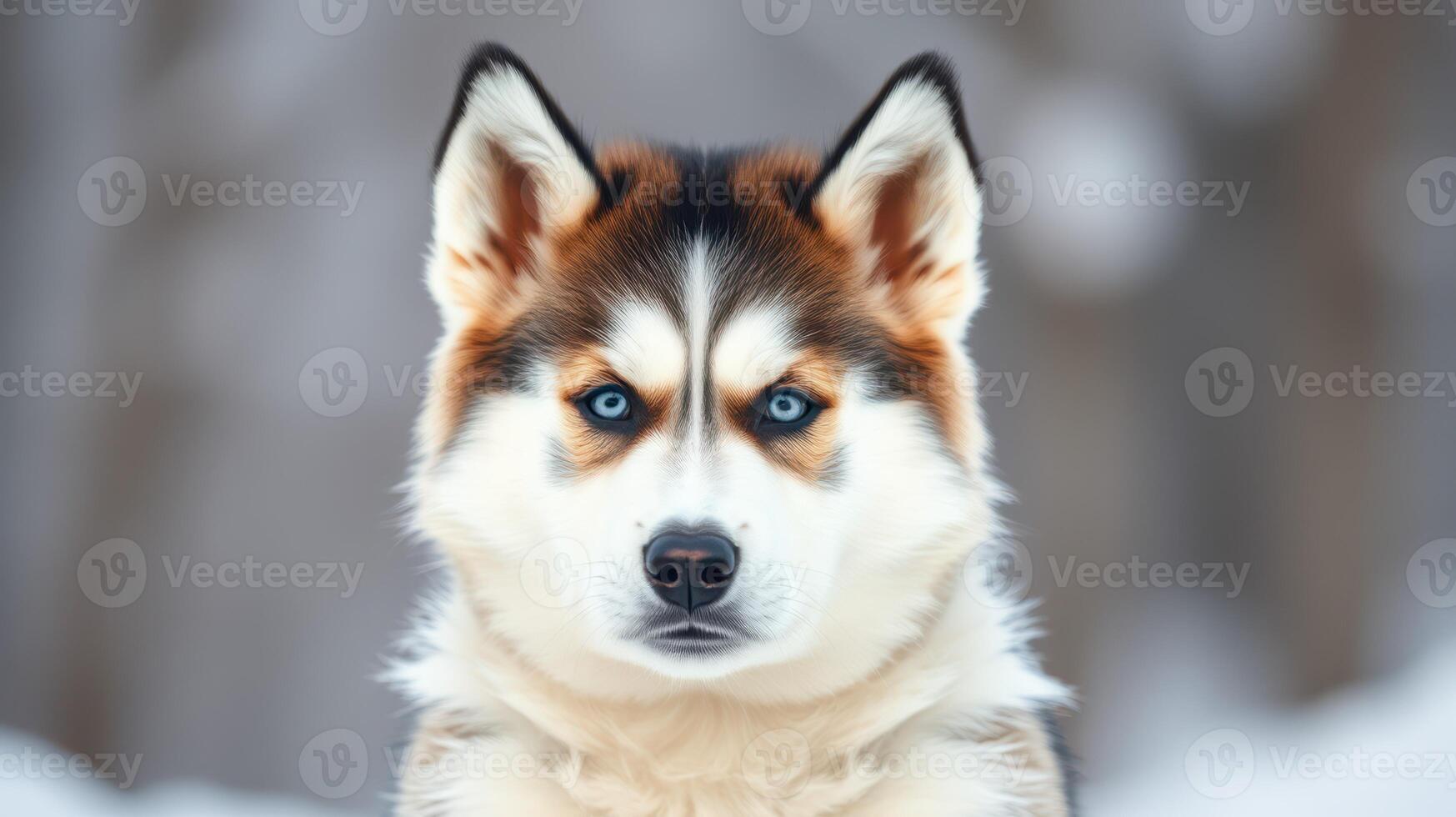 Beautiful husky with striking blue eyes posing in a winter landscape with soft snow surrounding it photo