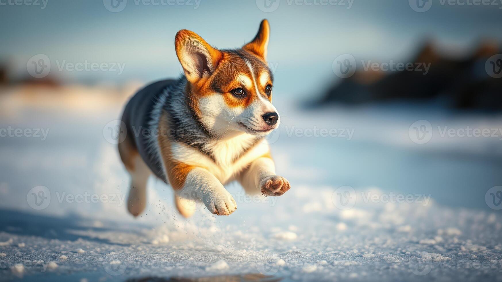 Energetic corgi jumps joyfully on snowy ground during a bright winter day photo