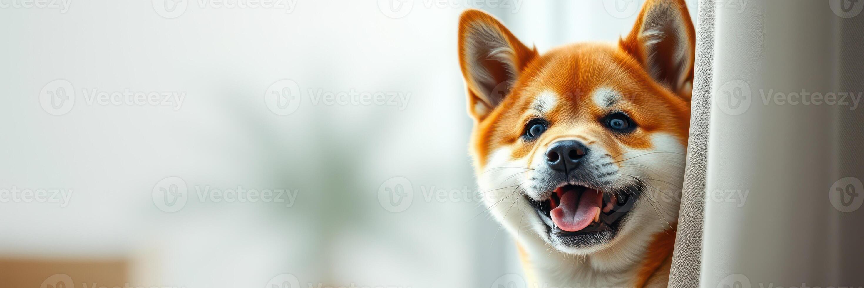 Happy Shiba Inu peeking from behind a curtain in a bright, cozy indoor setting photo