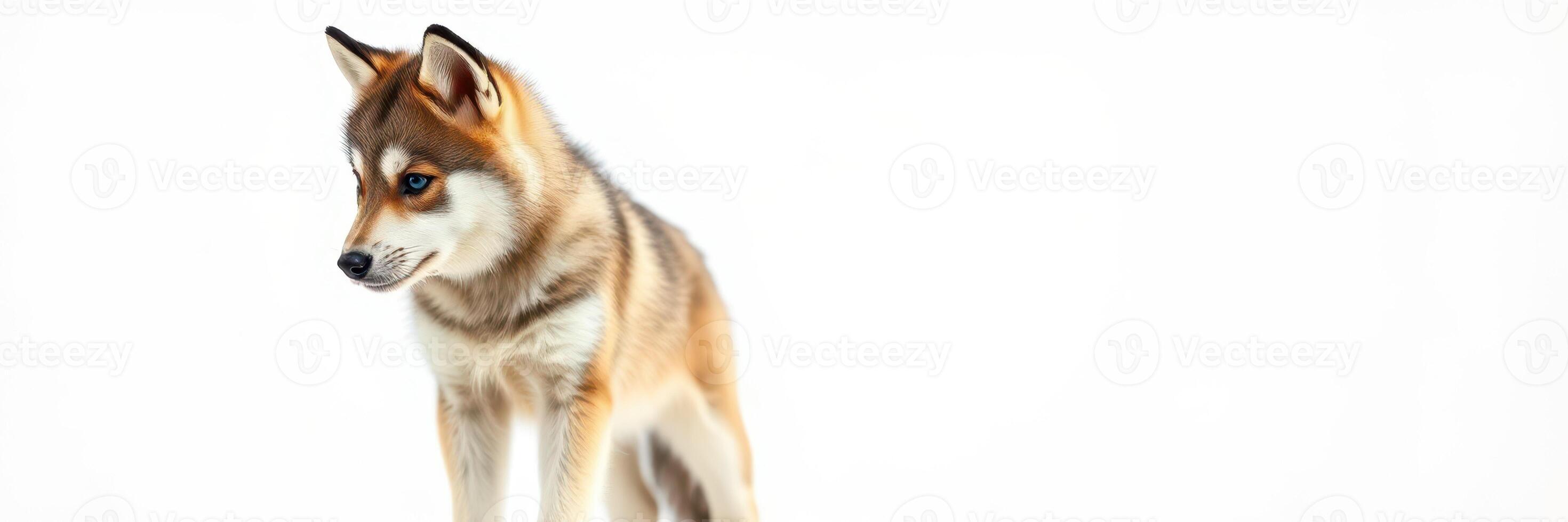 Fluffy dog stands attentively with a curious expression against a bright background in a studio setting photo