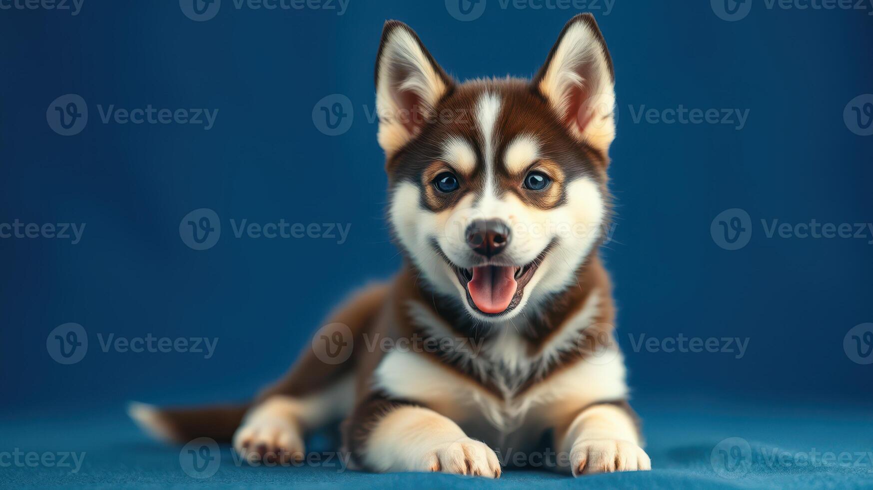 Happy husky puppy lying on blue fabric with a joyful expression and bright blue eyes photo
