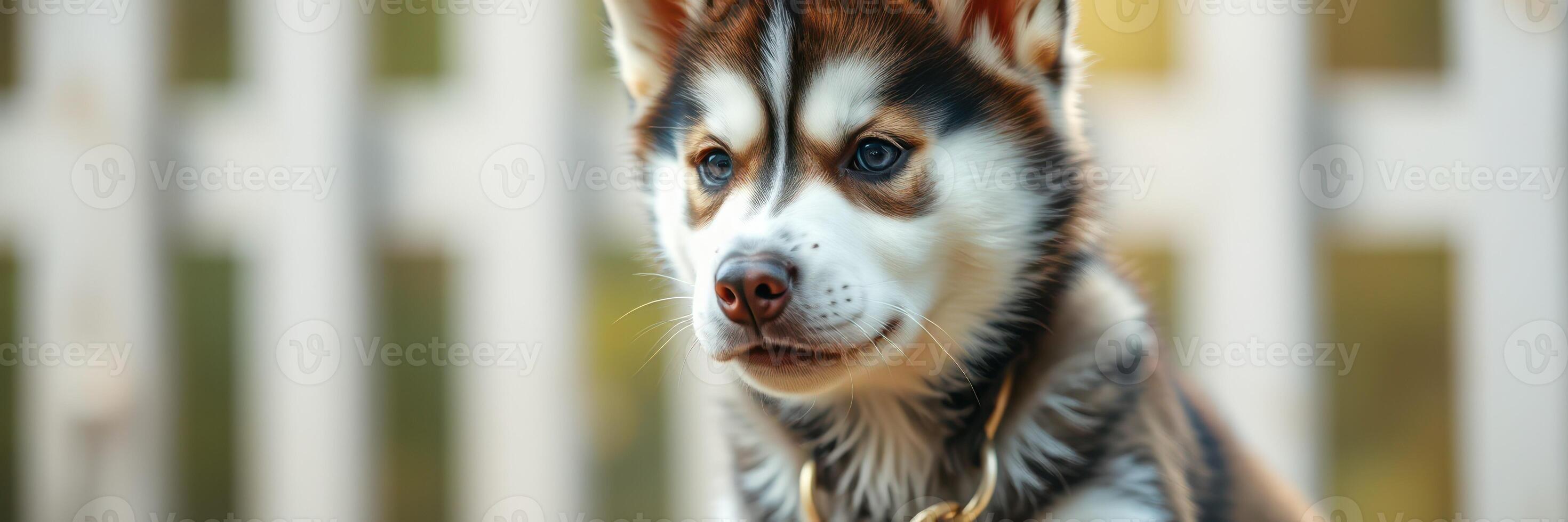 Playful husky puppy sitting outdoors with a captivating expression during golden hour photo