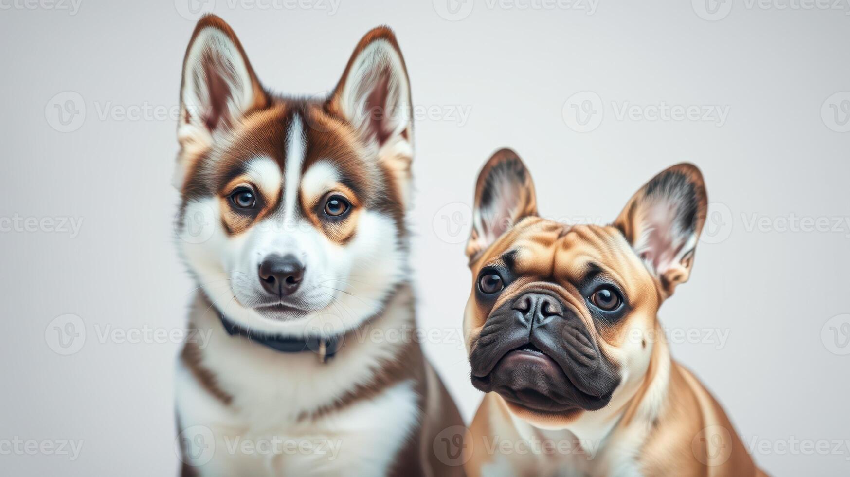 Two adorable dogs sit together, showcasing their unique breeds and charming expressions in a cozy indoor setting photo
