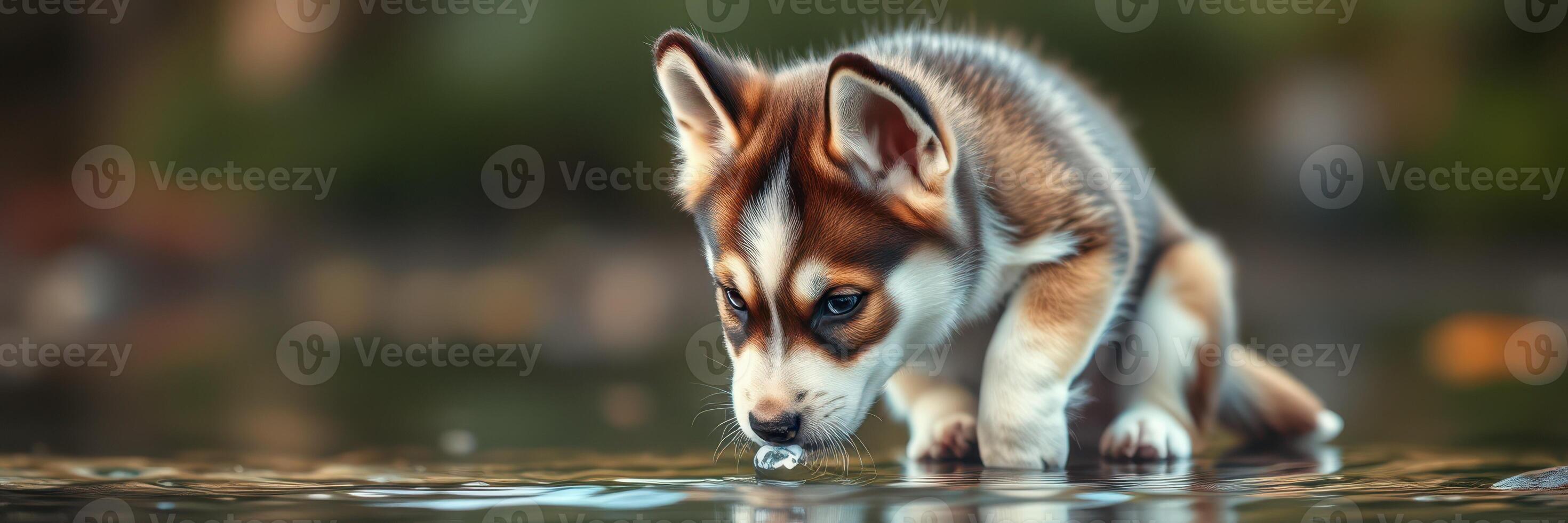 Cute puppy drinking from a pond while exploring nature in the afternoon sunlight with vibrant greenery in the background photo