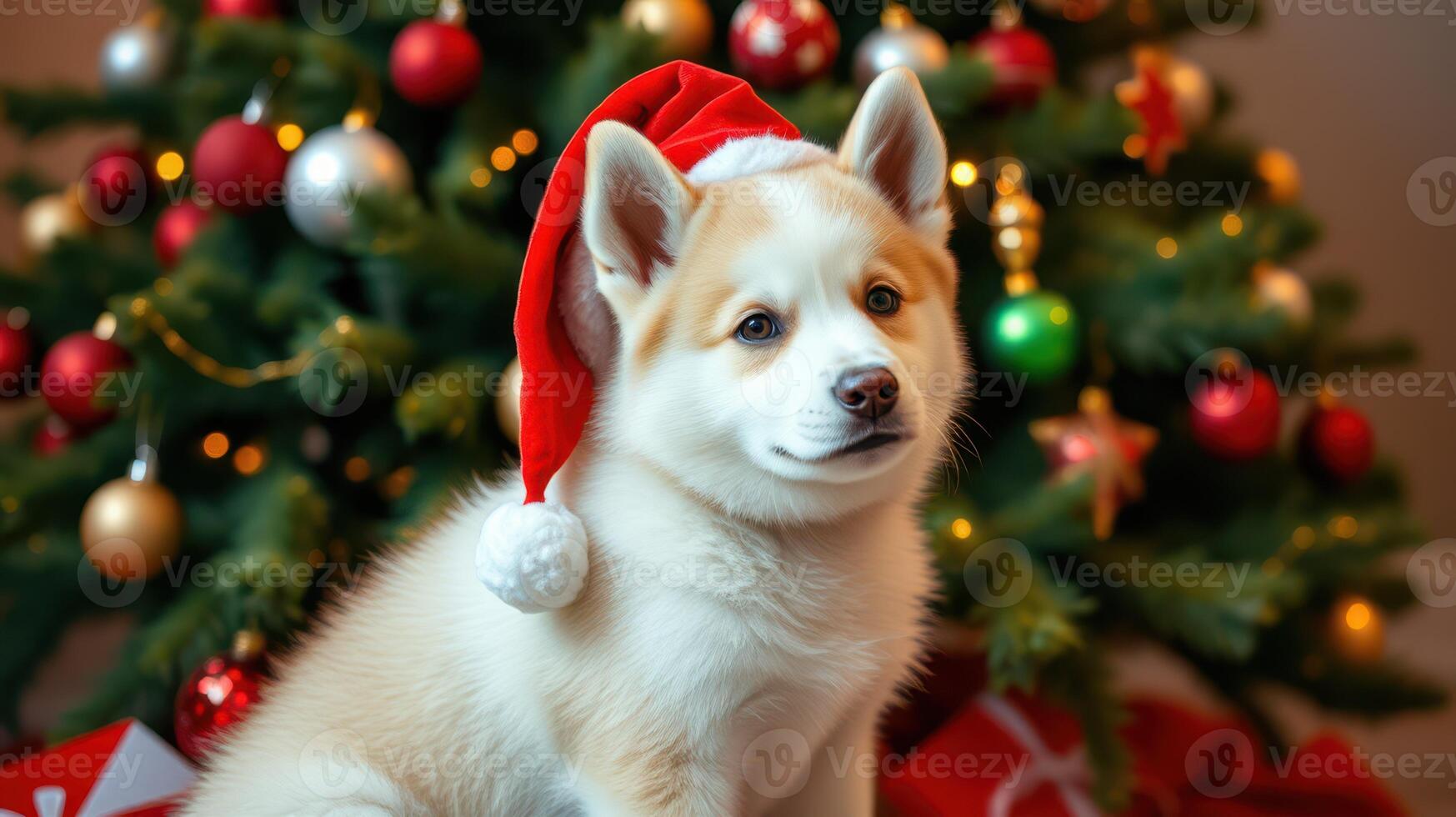 Cute puppy wearing Santa hat near decorated Christmas tree with ornaments and gifts in a cozy indoor setting photo