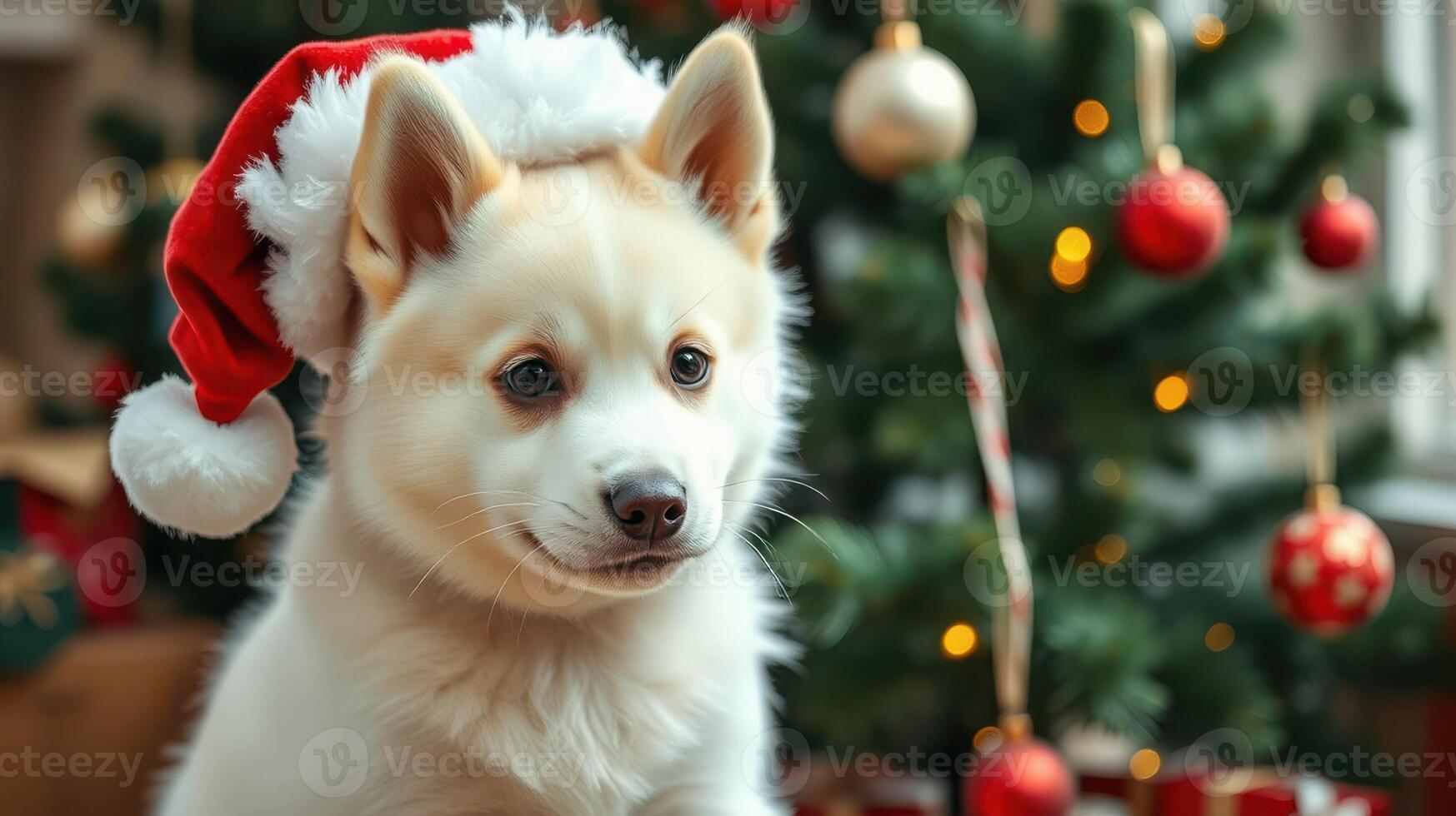 Festive puppy wears Santa hat in cozy holiday setting with Christmas tree and decorations photo