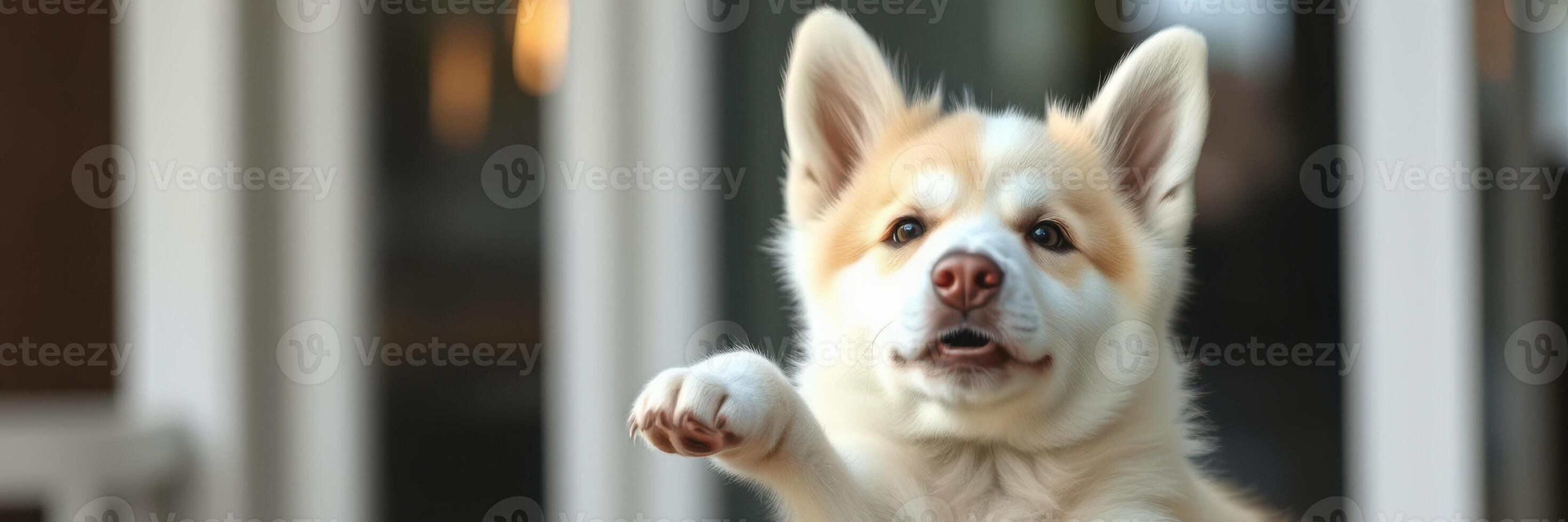 Happy dog reaching out to greet with a friendly expression at home on a sunny day photo
