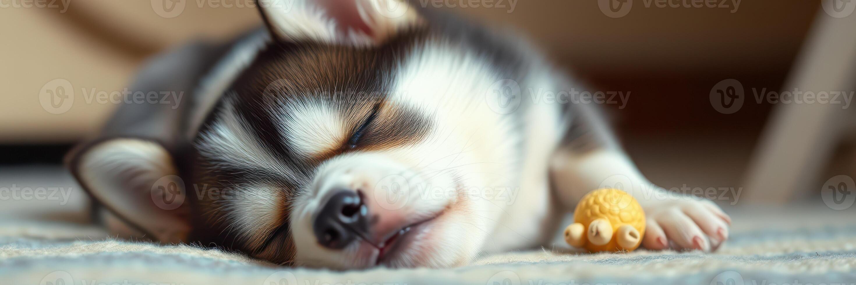 Sleeping corgi puppy rests peacefully on a cozy rug with a small toy beside it photo