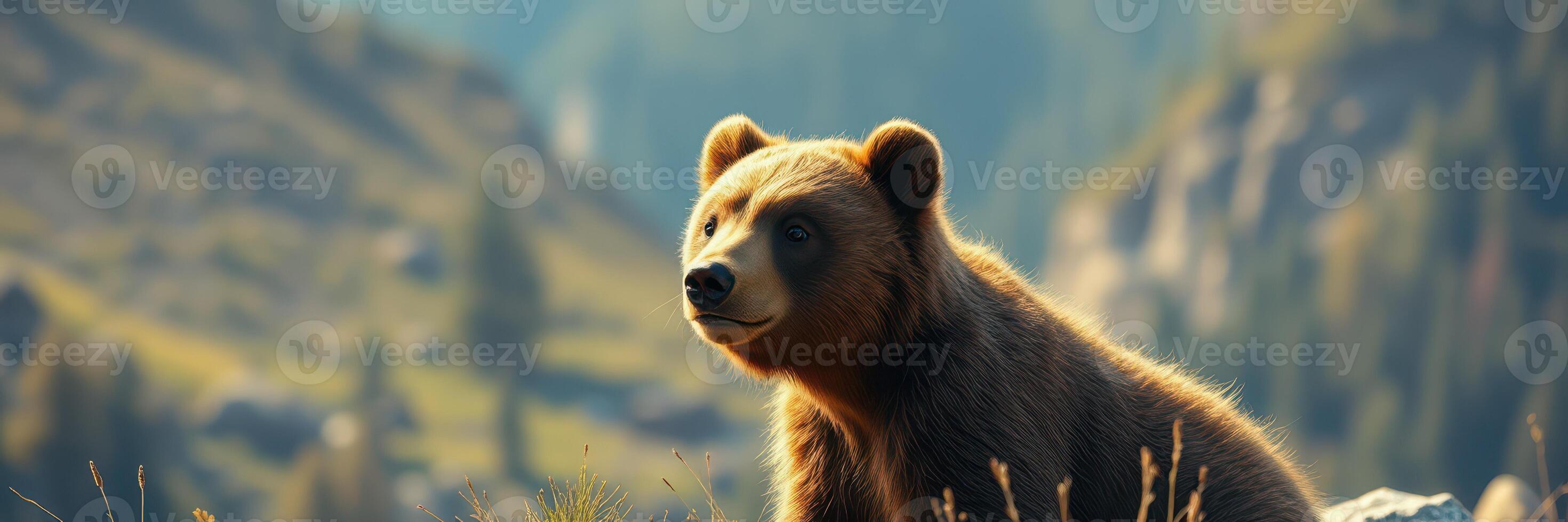 Brown bear resting in a serene alpine landscape during golden hour with soft sunlight and panoramic mountain views photo