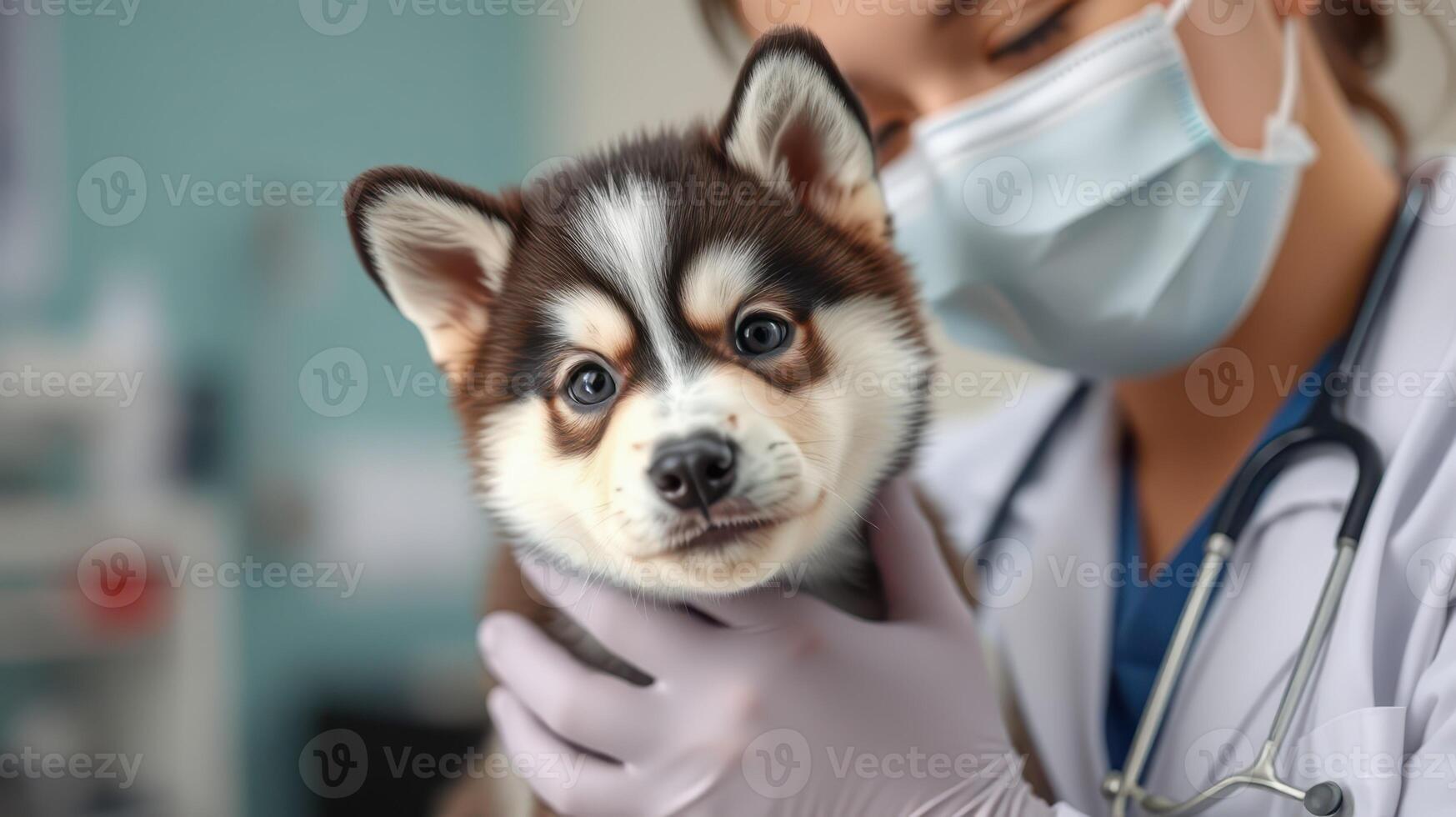 Veterinarian examines cute husky puppy in clinic during a routine check-up, observing health and vaccination status photo