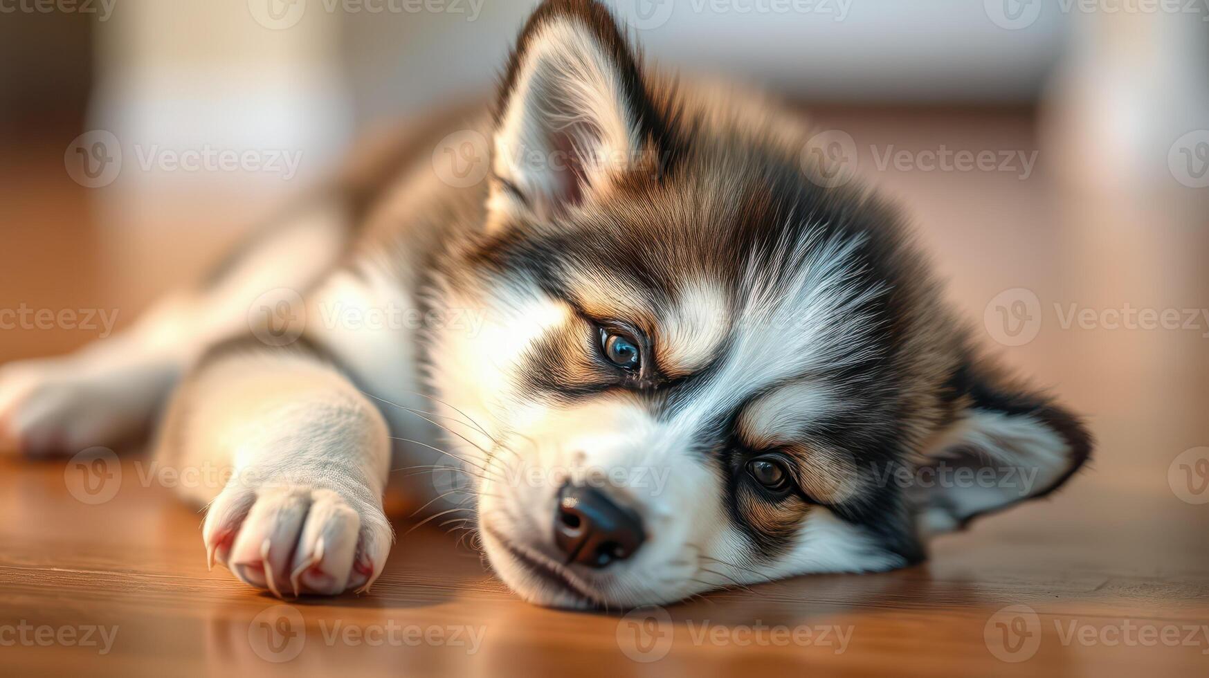 Cute husky puppy resting on wooden floor while looking curiously at the camera in a cozy indoor environment photo