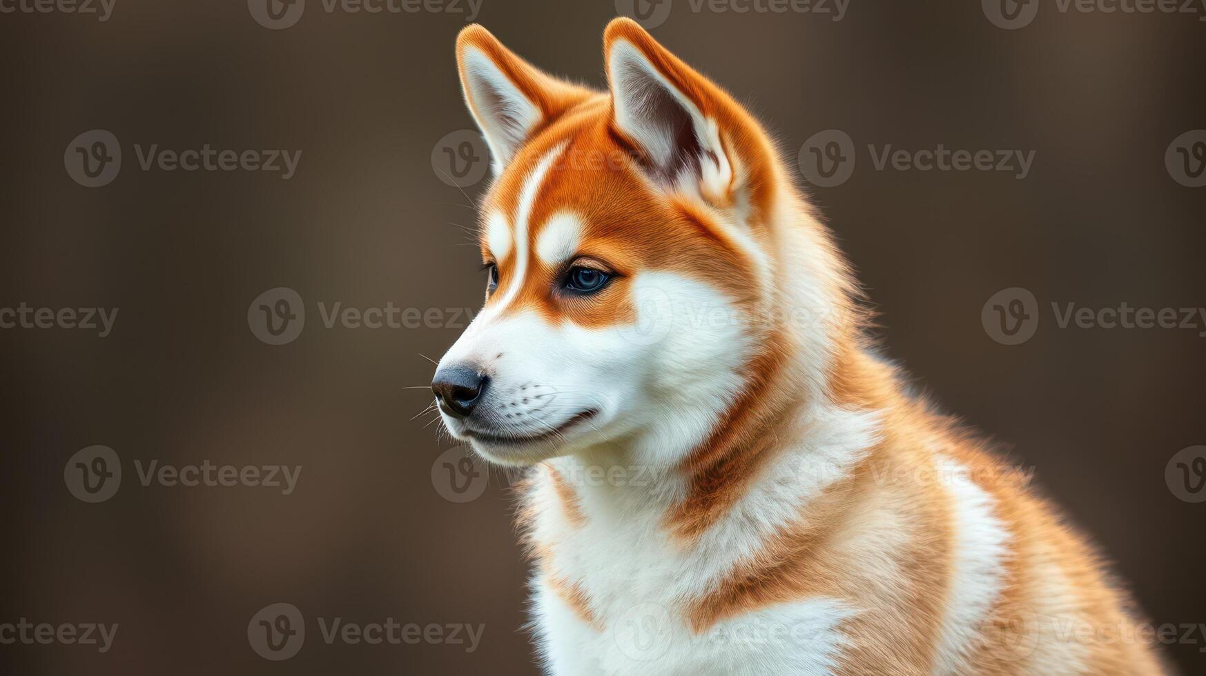 Adorable husky puppy sitting calmly against a soft background with playful expression and striking features photo