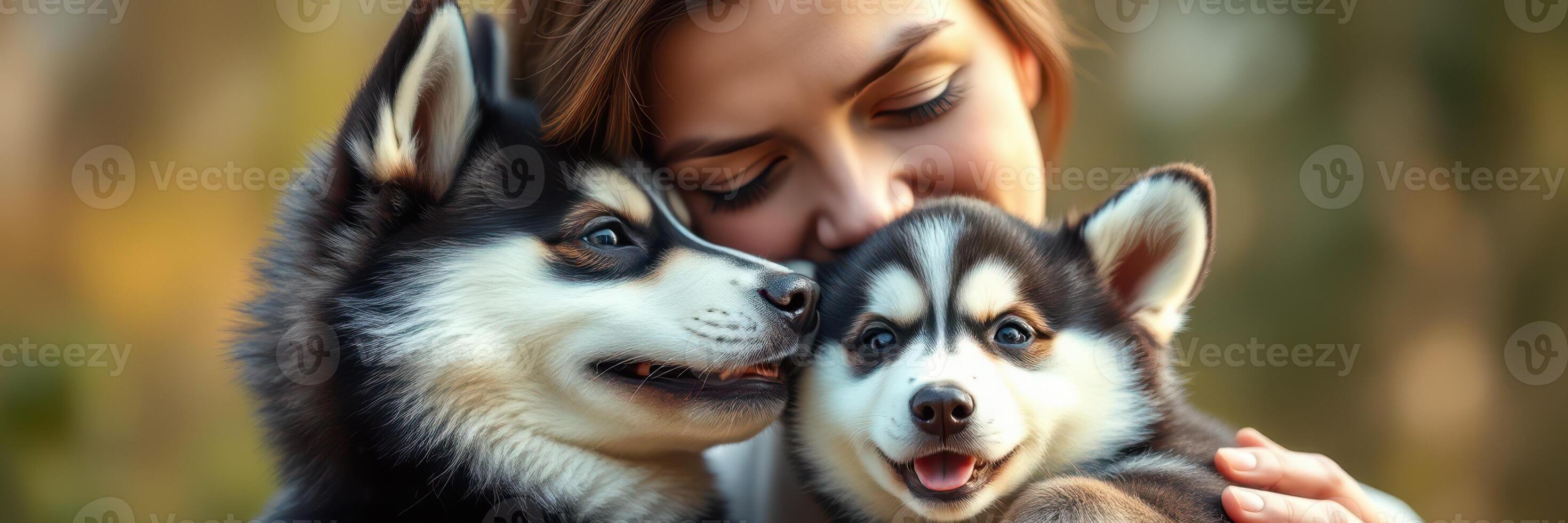 Enjoying a playful moment with adorable husky puppies in a natural outdoor setting during the golden hour photo
