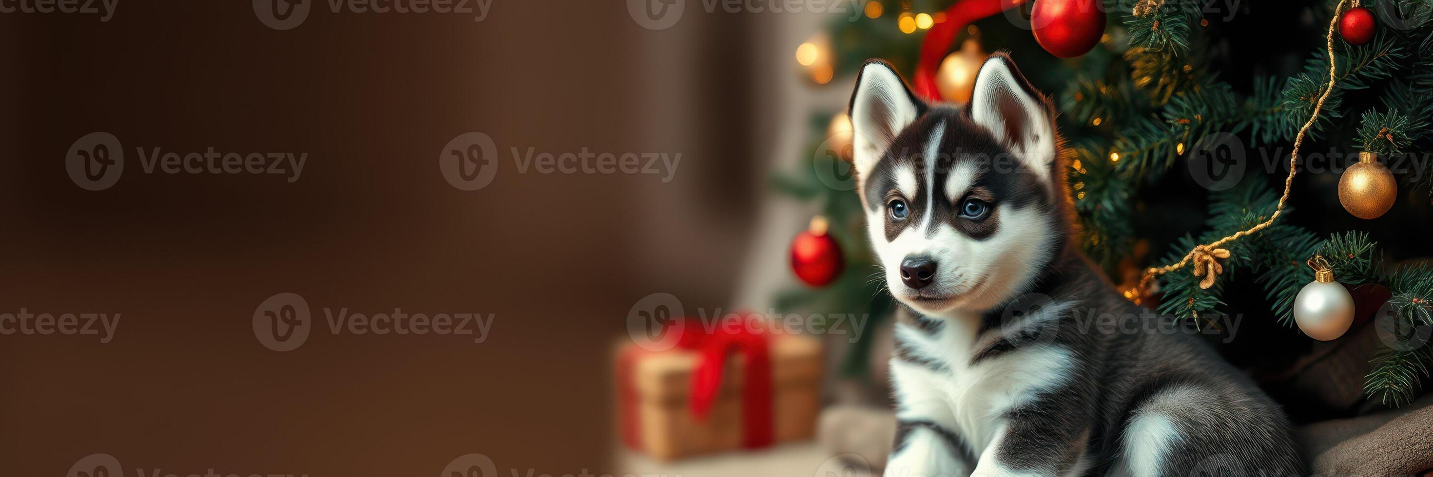 Cute husky puppy resting near beautifully decorated Christmas tree with ornaments and gifts in warm setting photo