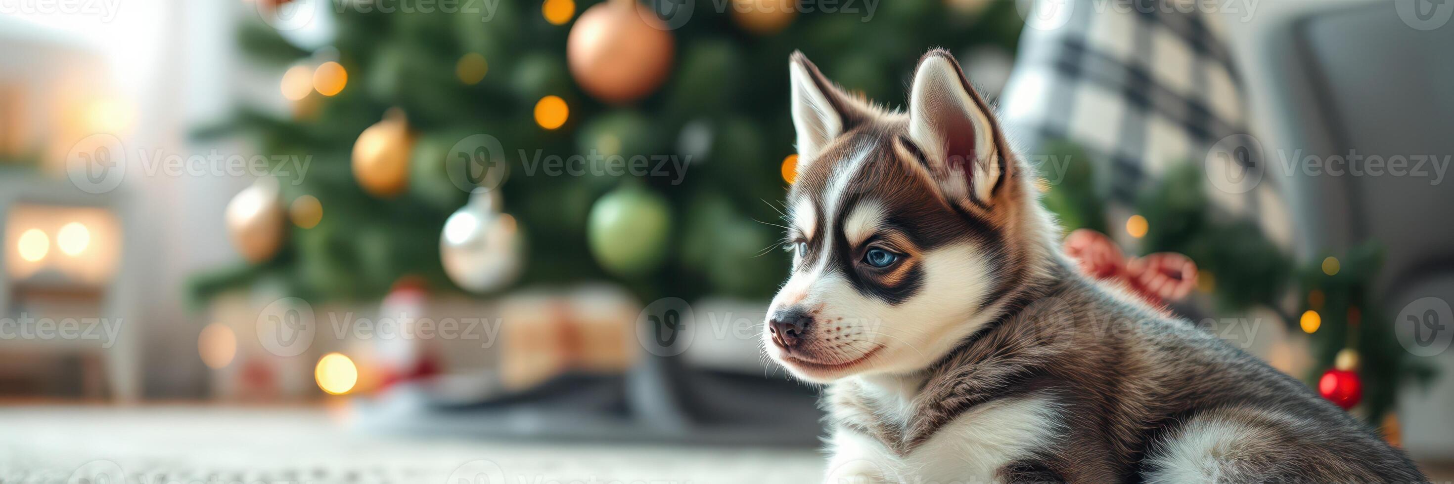 Cute puppy sits near a beautifully decorated Christmas tree with colorful ornaments in a cozy indoor space photo