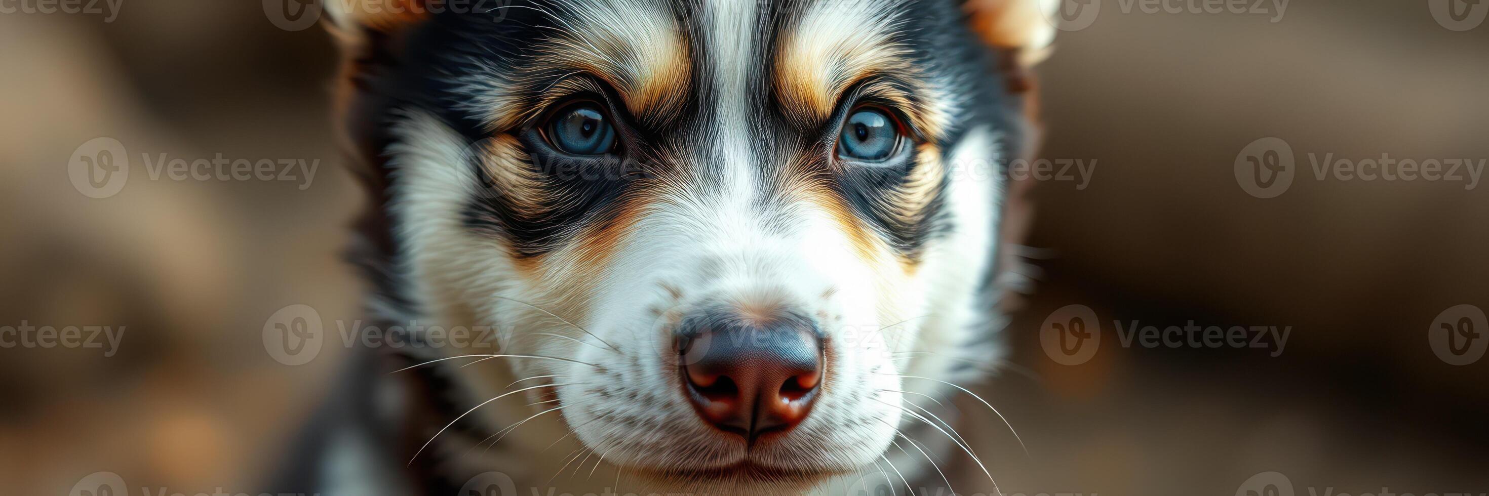 Close-up of a husky puppy with striking blue eyes exploring nature in soft sunlight photo