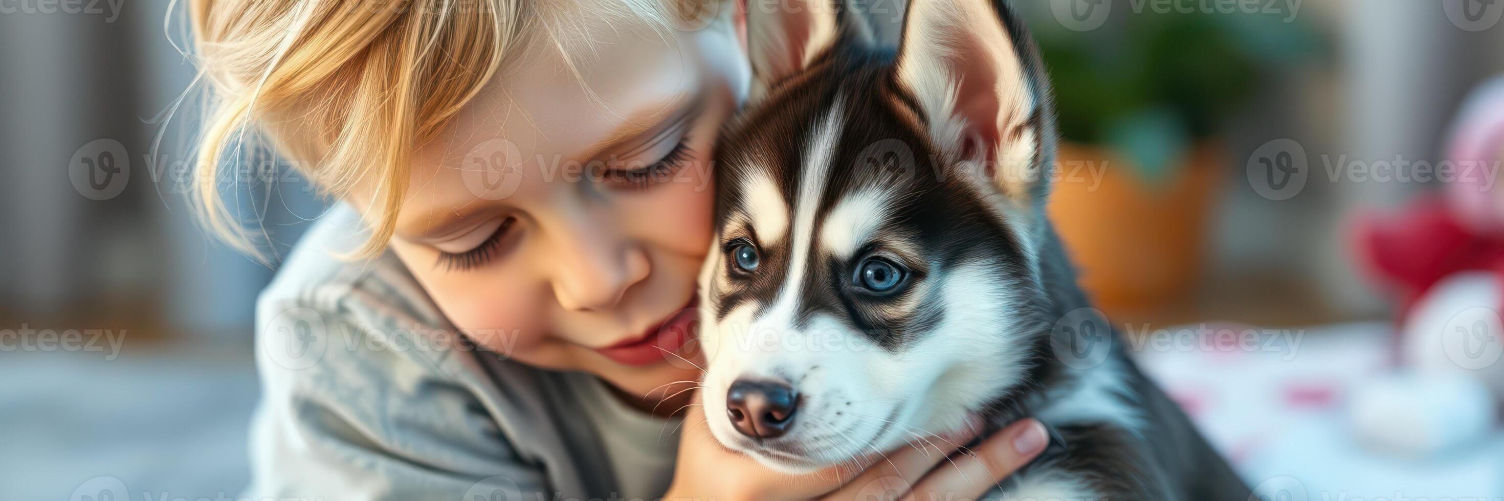 Child enjoys affectionate moment with a husky puppy in a cozy indoor setting photo
