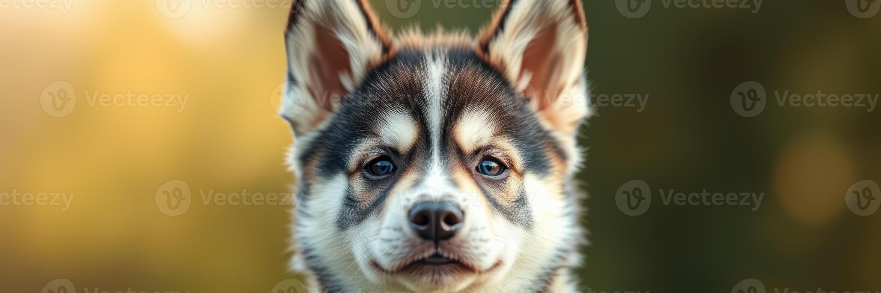 Adorable young husky puppy with striking features gazing curiously in a warm outdoor setting during golden hour photo