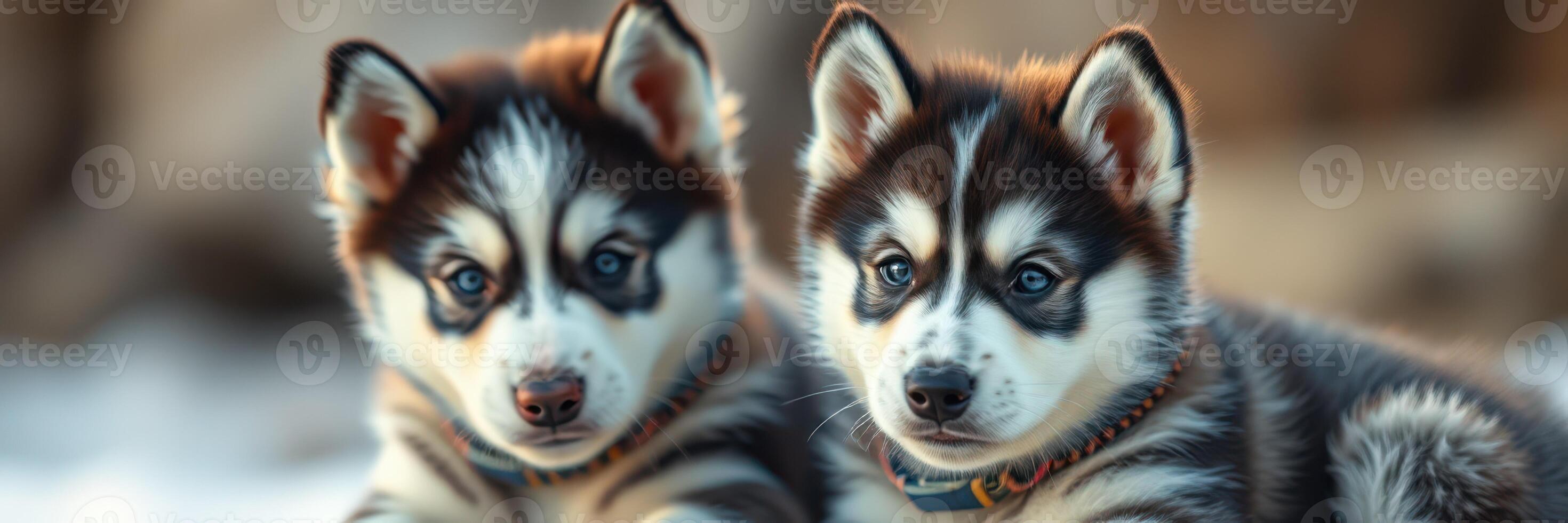 Two playful Siberian husky puppies relaxing together on a snowy background during a sunny winter day photo