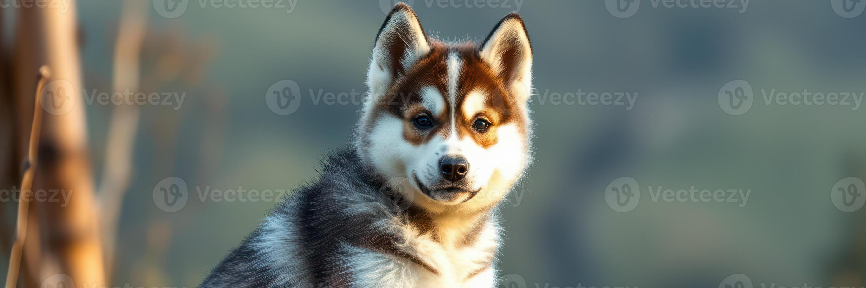 Cute husky puppy sitting outdoors with soft sunlight in the background during the day photo